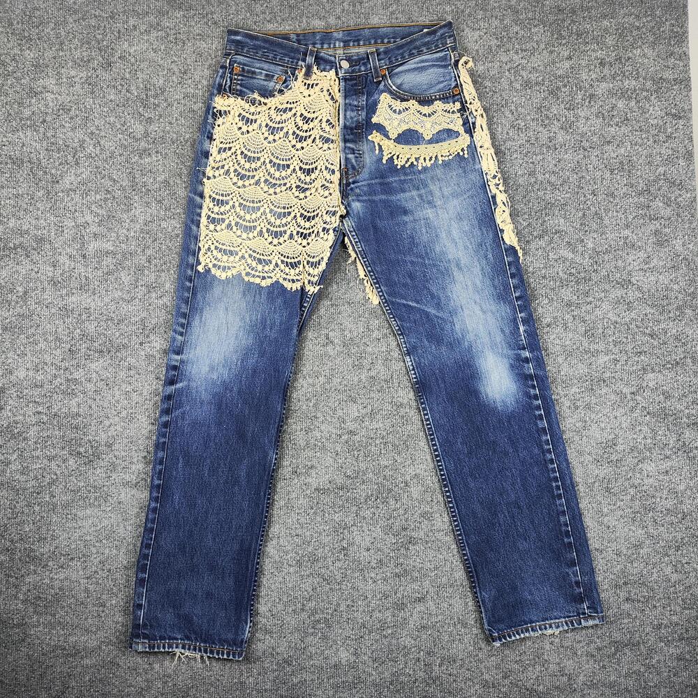 Levis 501 Jeans Mens 32x32 Blue Medium Wash Straight Denim Crochet Lace Boho
